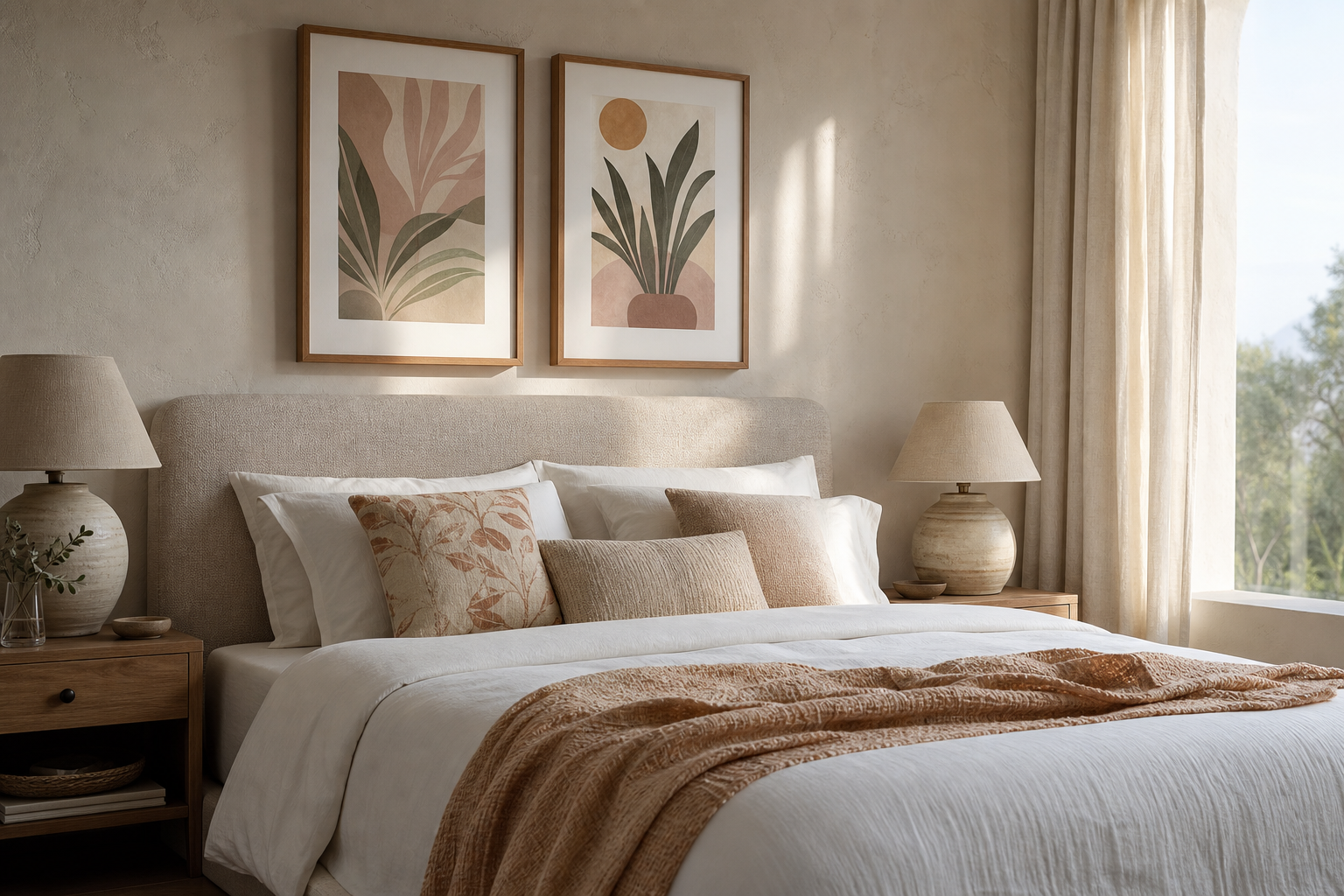 Refined bedroom with coastal villa art and natural textures