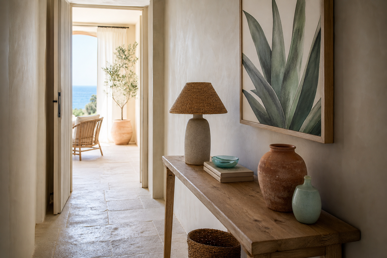 Coastal hallway with layered neutral and faded blue tones
