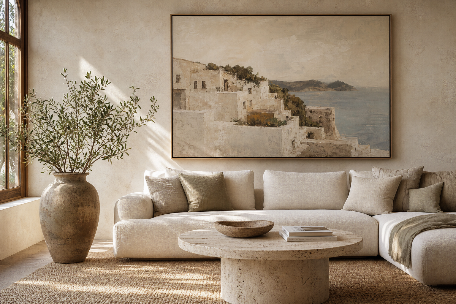 Coastal villa print above sofa in relaxed living room