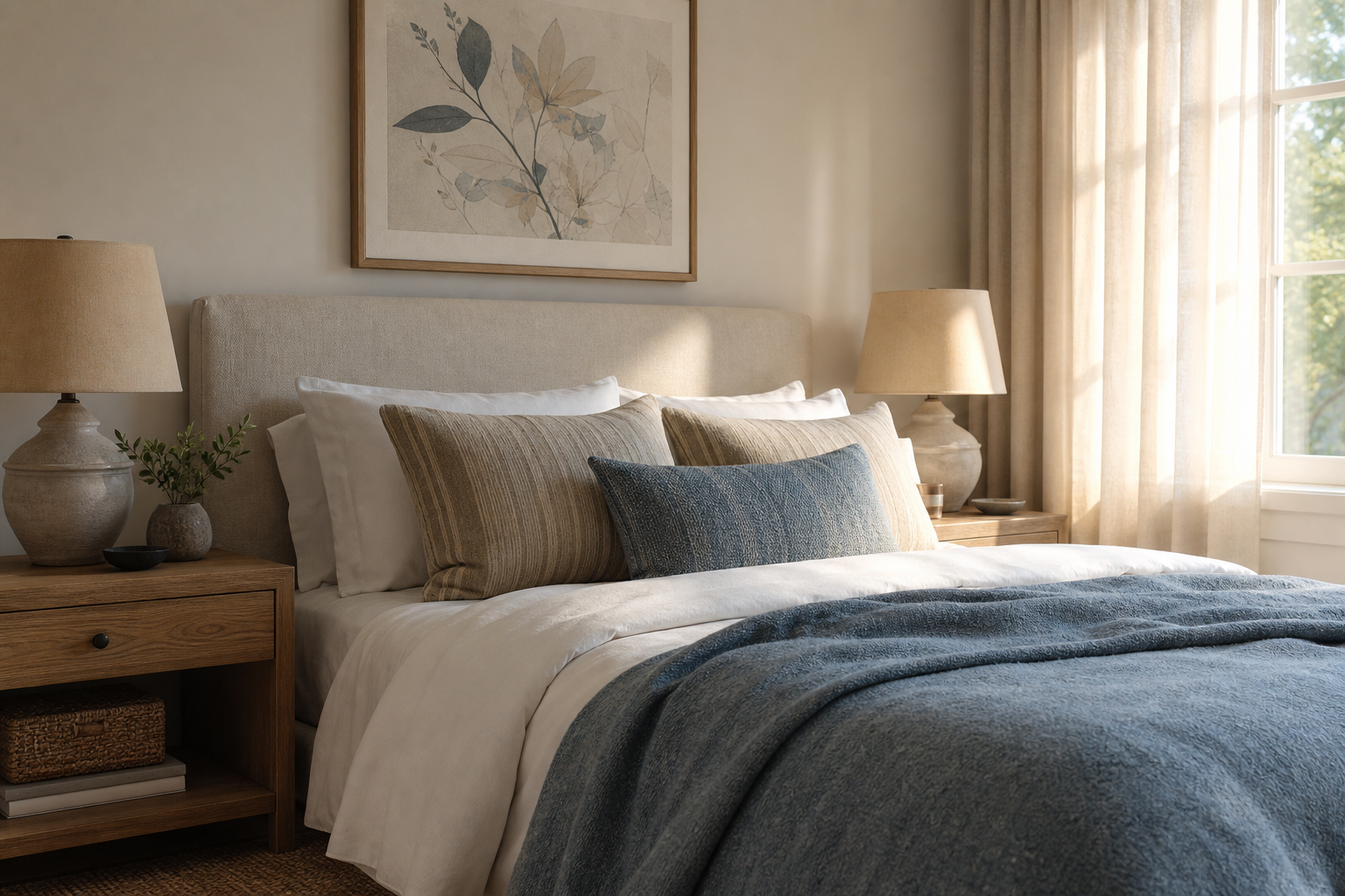 Serene bedroom with coastal palette and framed villa artwork