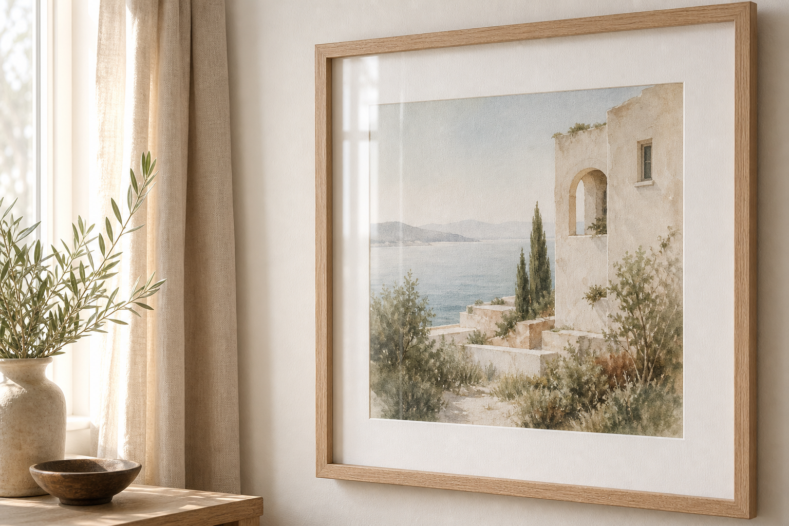 Close-up of coastal artwork in oak frame with museum-style finish