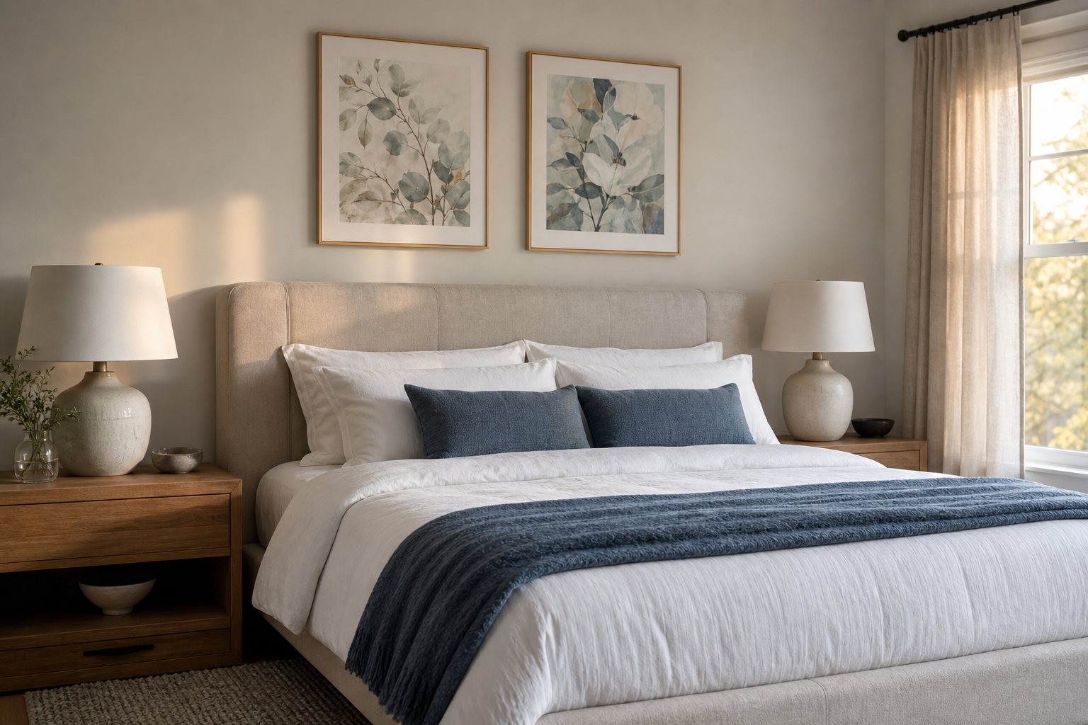 Bedroom with serene coastal village wall art above bed