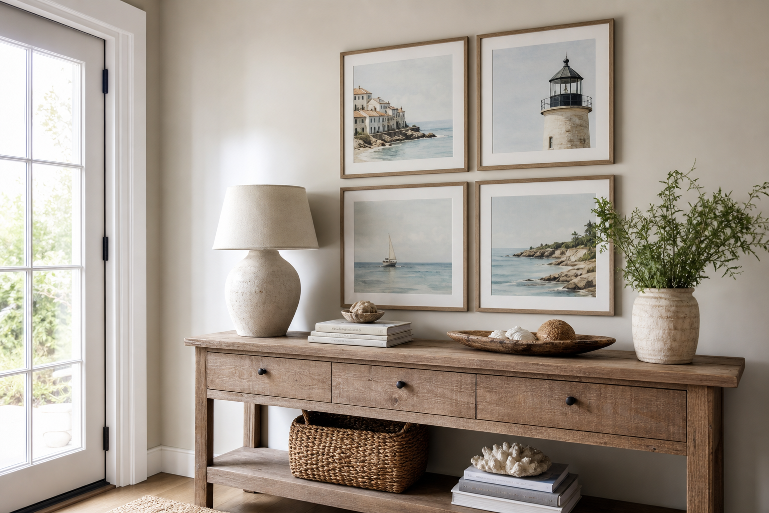 Coastal gallery wall arrangement above console table