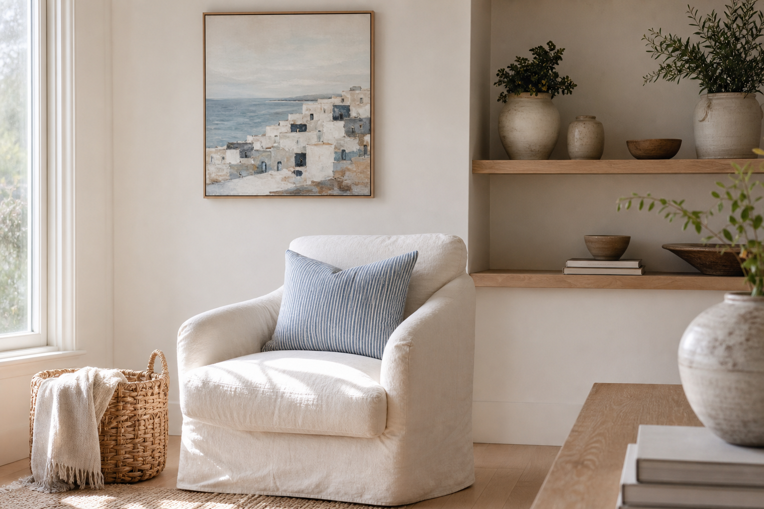 Neutral coastal living room with blue and sand accents