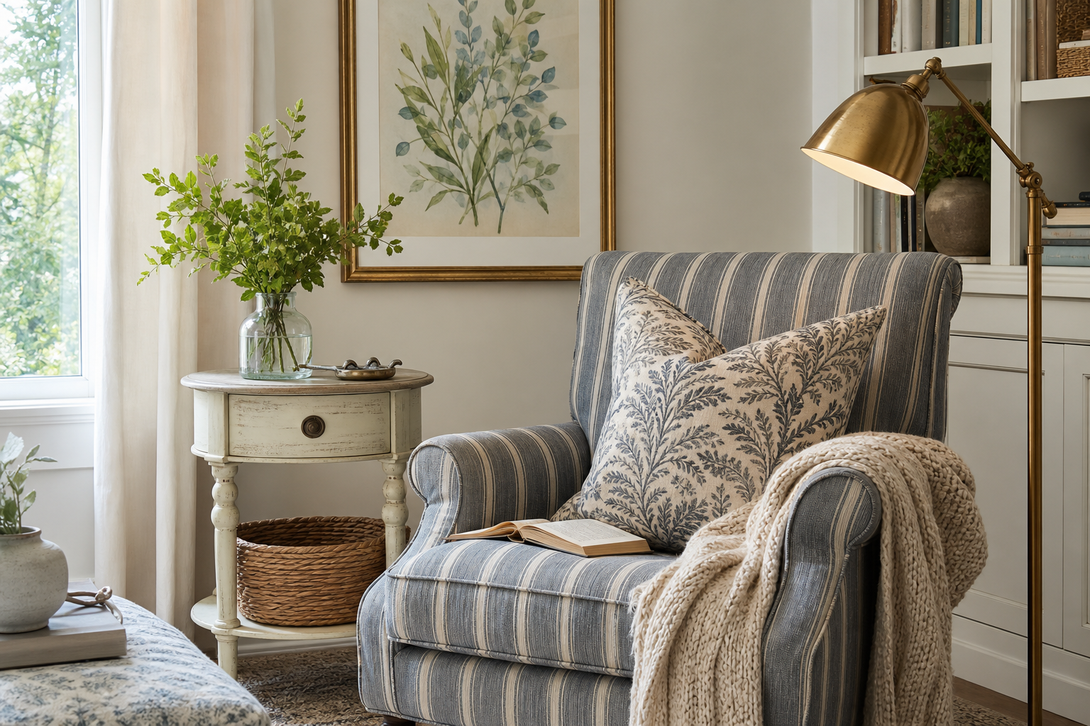 Traditional sitting room with framed coastal village art