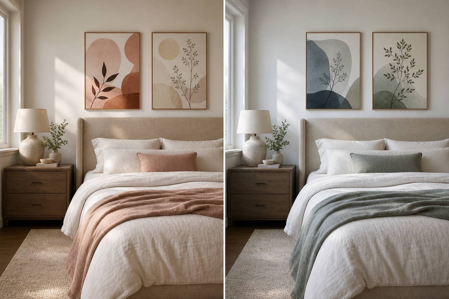 Bedroom scene showing warm and cool wall art options