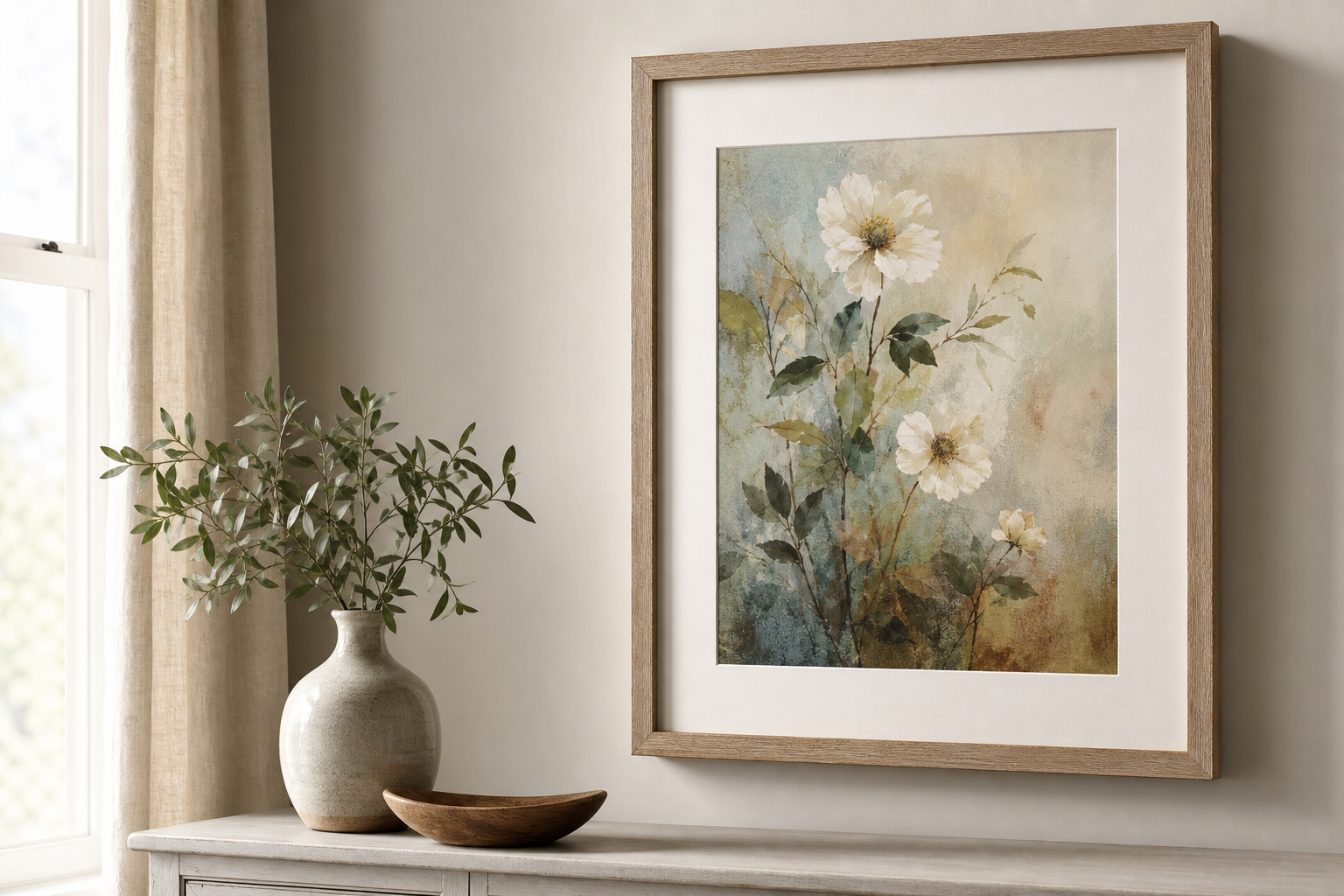 Close-up of vintage-style wood frame with botanical art