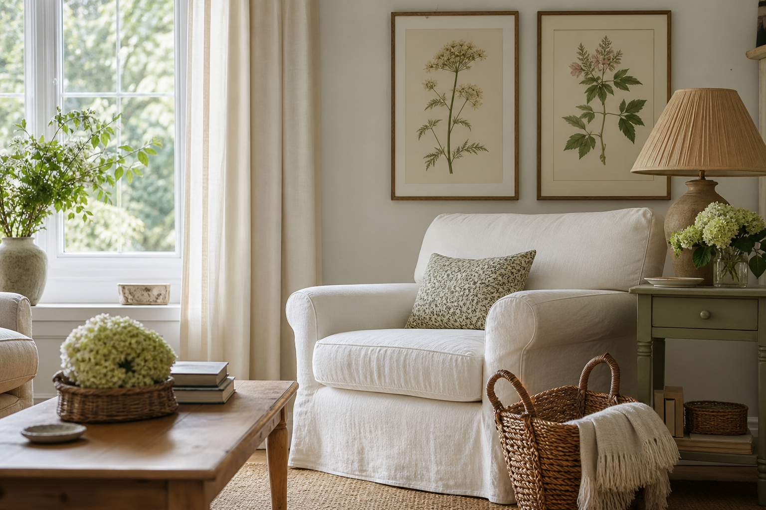 Living room styled in sage, cream, and blush with floral wall art