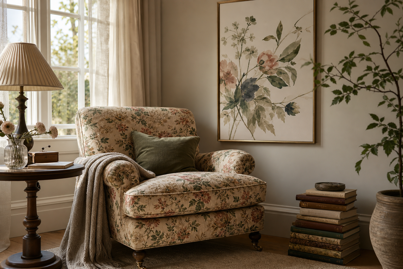 Reading nook with cottage-style floral wall art