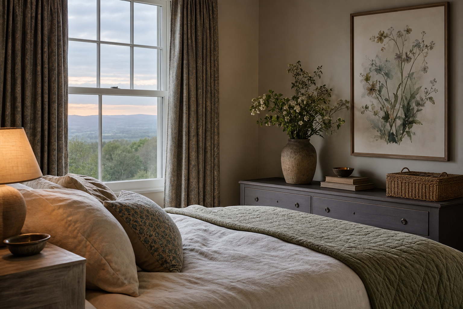 Bedroom refreshed for the season with cottage floral wall art