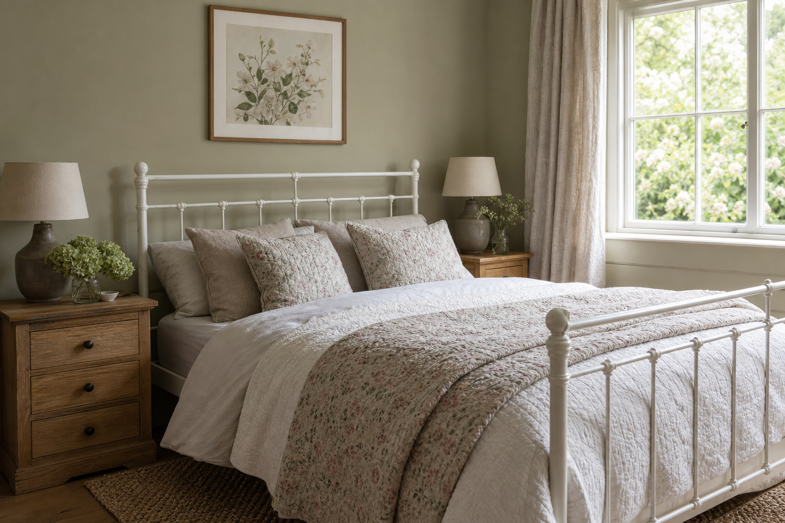 Cottage bedroom with framed rural artwork above bed
