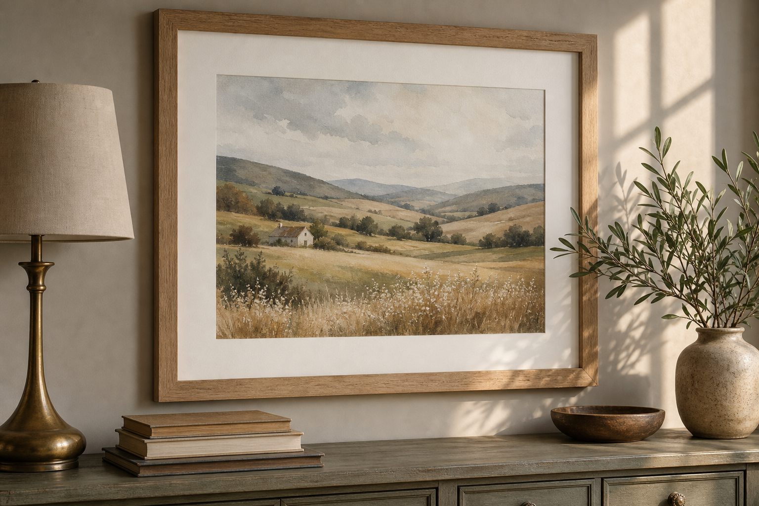 Close-up of oak frame with cottage-style print