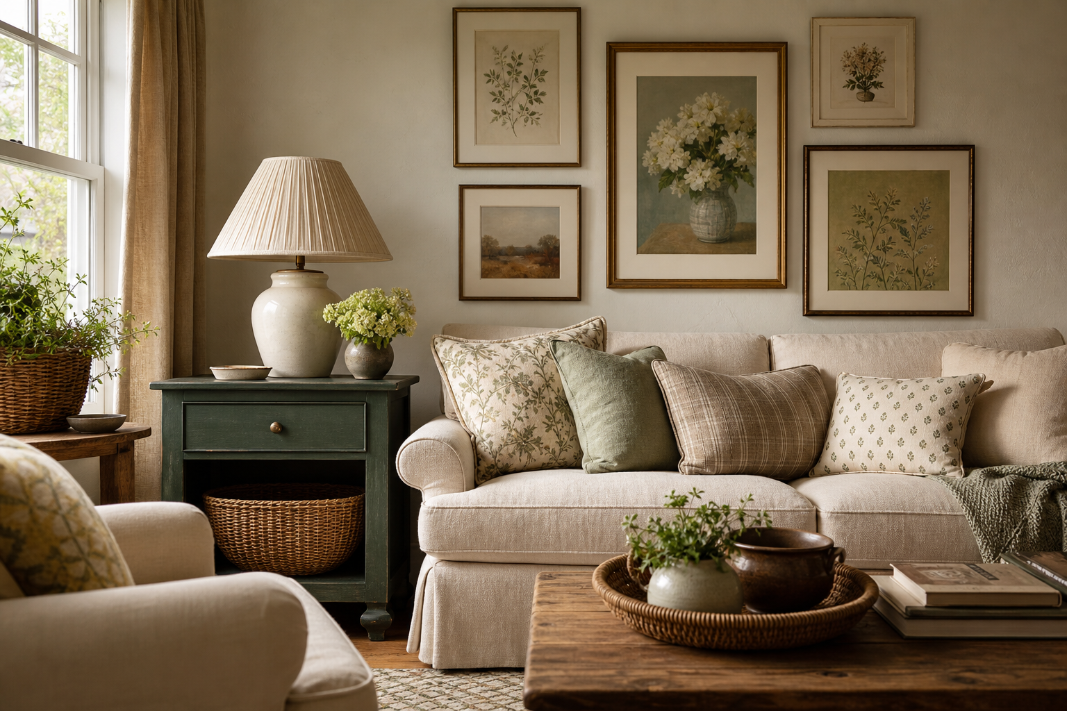 Living room gallery wall with cottage-inspired framed prints