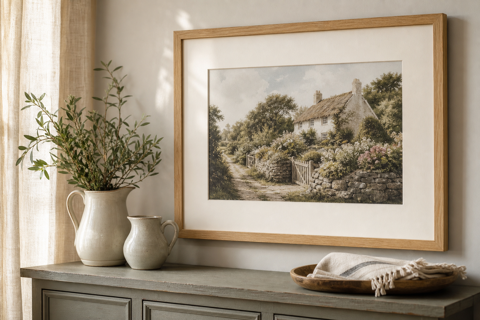 Close-up of soft wood frame and cottage artwork