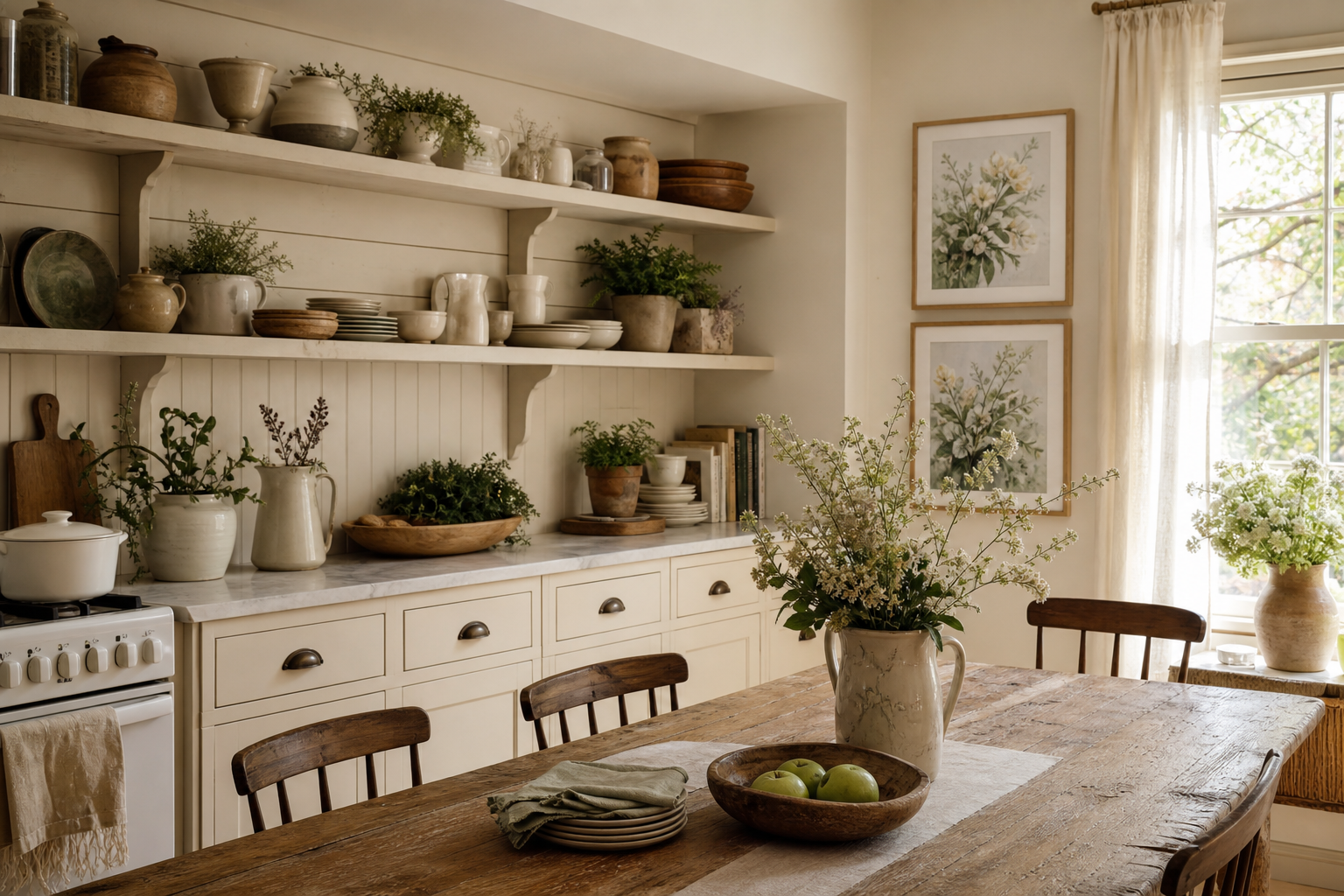 Cottage kitchen with framed countryside art