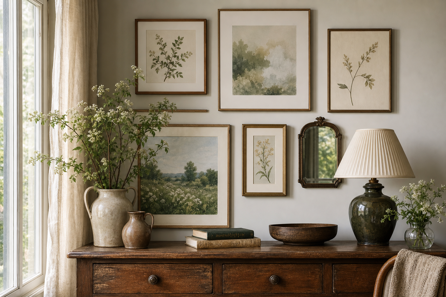 Layered cottage gallery wall with art and vintage accents