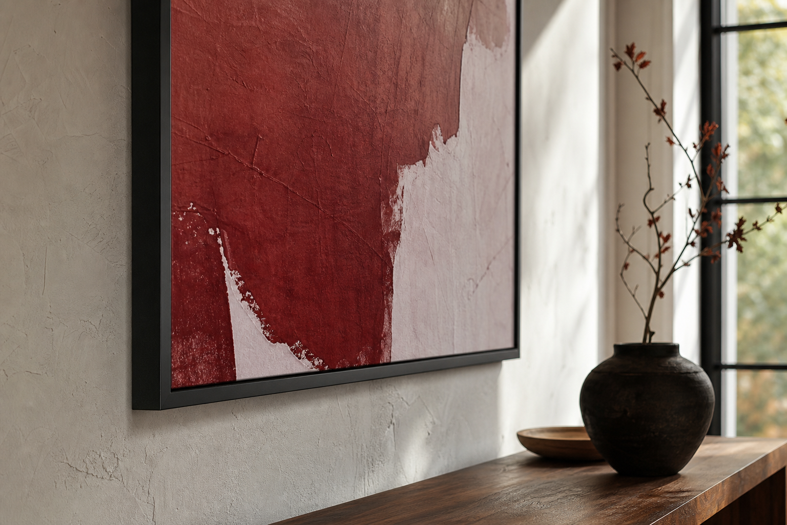 Close-up of black frame and crimson abstract artwork texture