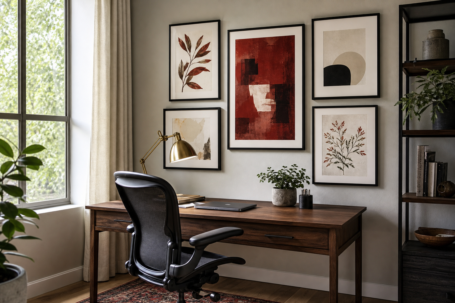 Gallery wall built around crimson artwork in a home office