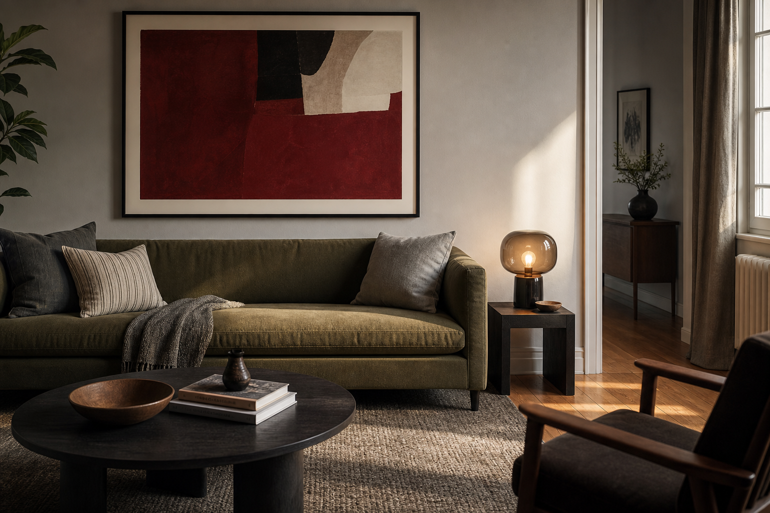 Living room with crimson abstract print above sofa