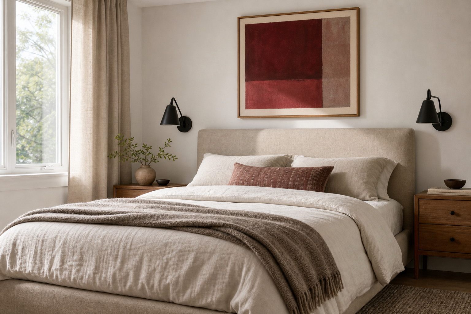 Neutral bedroom with crimson accent artwork and warm wood tones