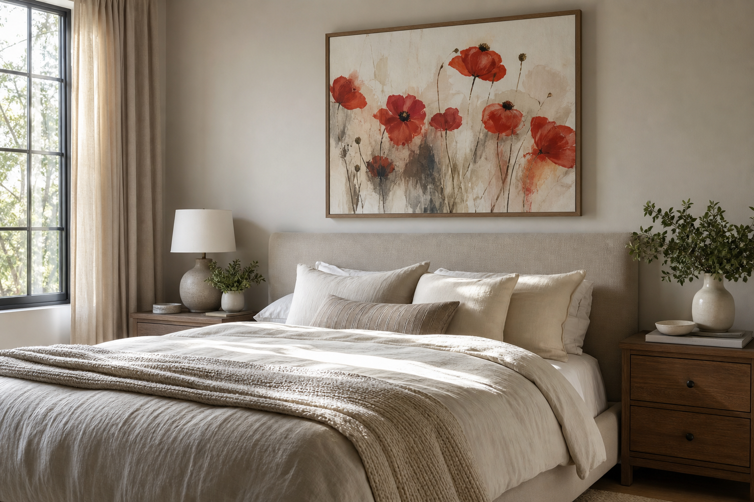 Bedroom with crimson poppy art and neutral bedding