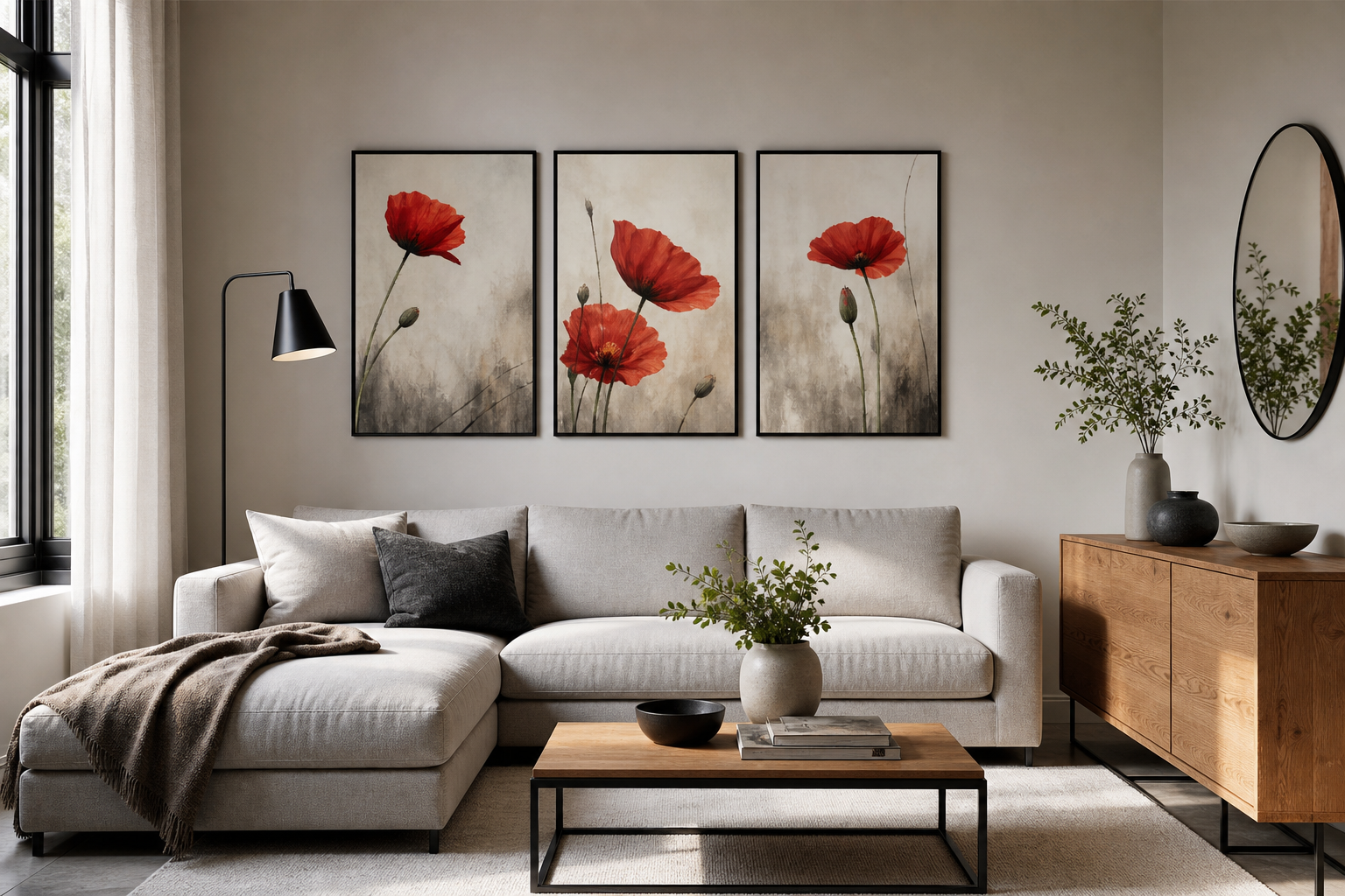 Crimson floral art above a sofa in a modern lounge