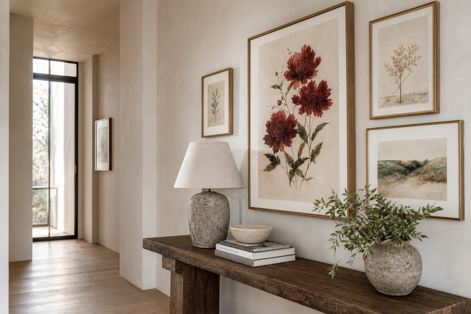 Layered gallery wall with floral focal print above console table