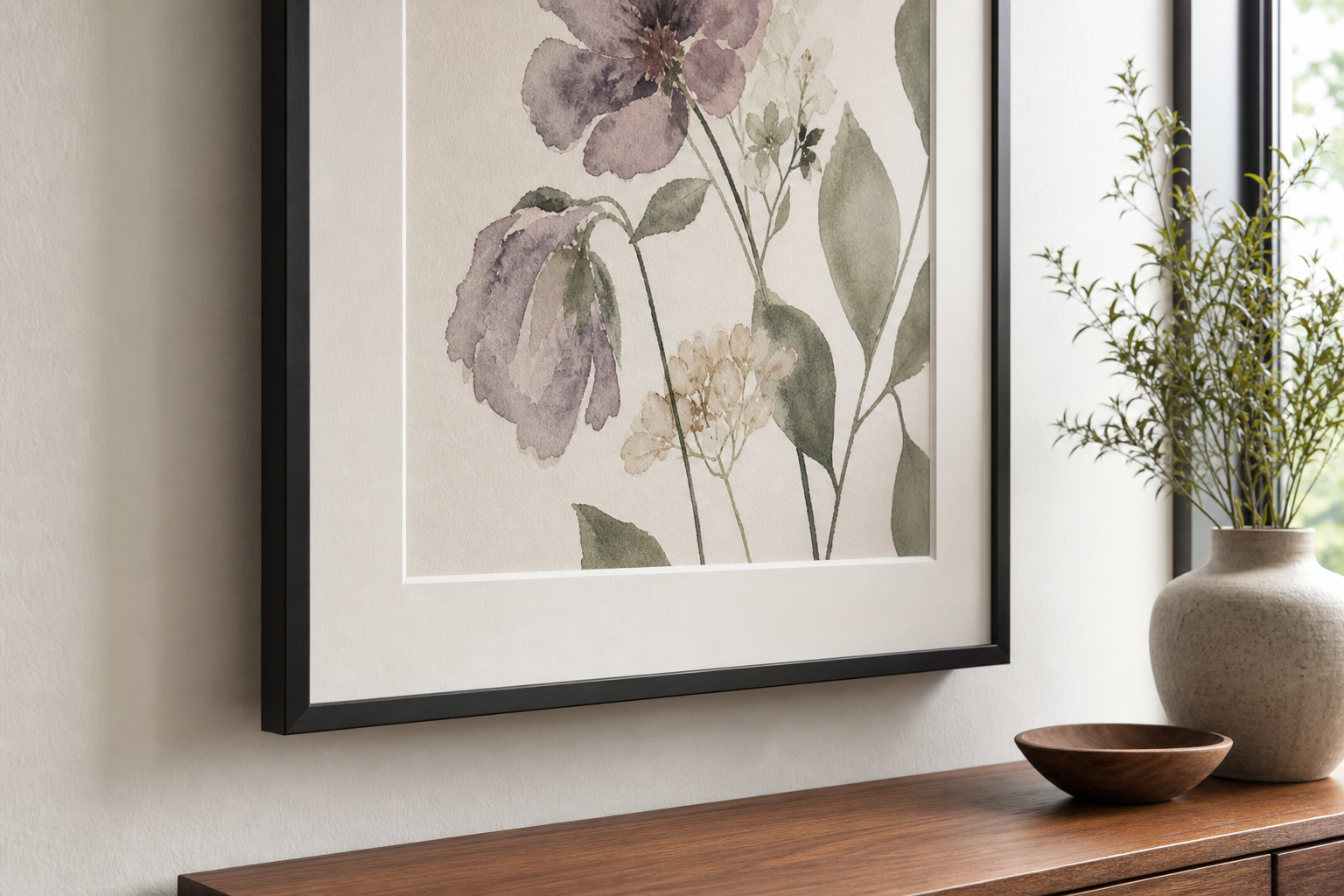 Close-up of floral artwork frame and mount details