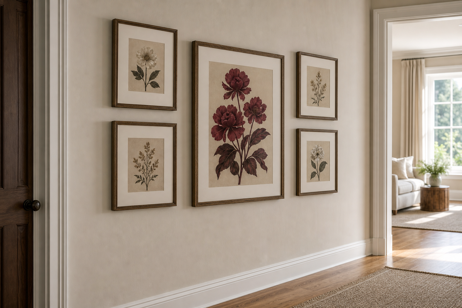 Botanical gallery wall with crimson floral centerpiece