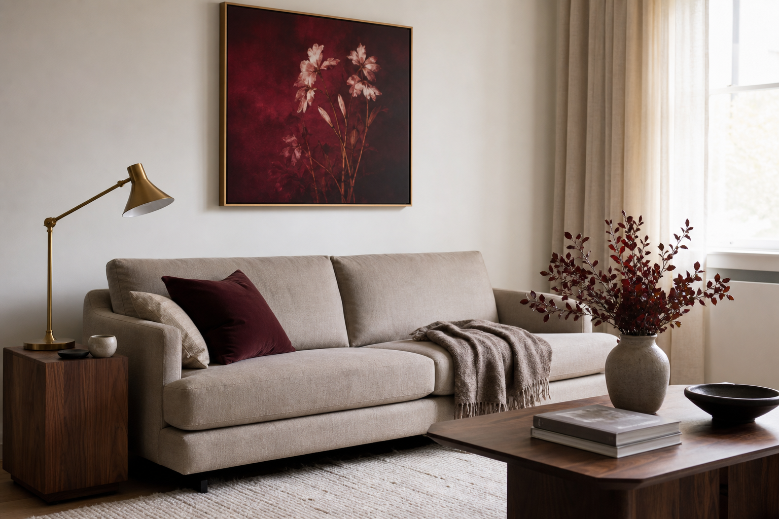 Framed crimson floral art in a layered living room