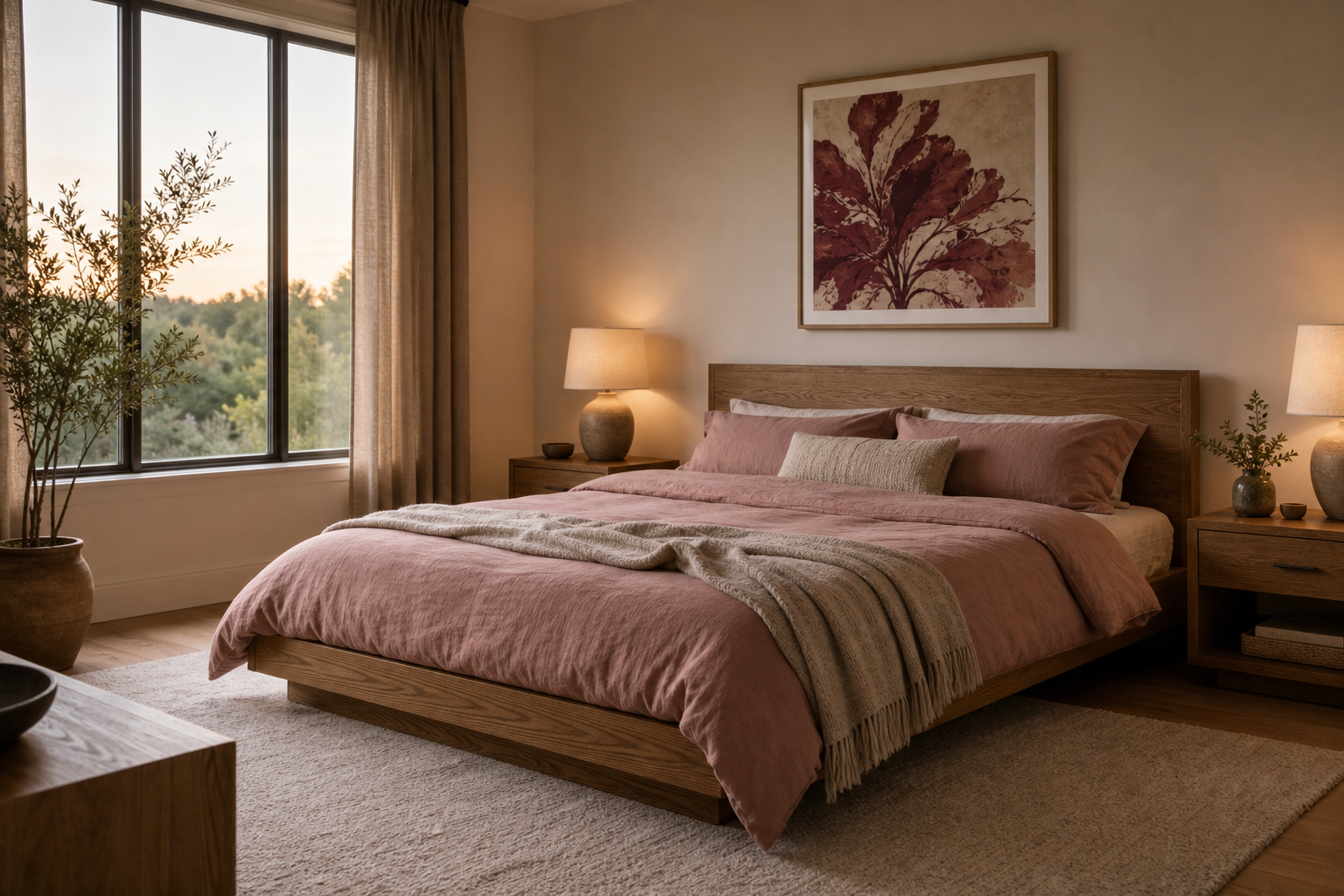 Botanical crimson wall art above a bed with muted pink and wood accents