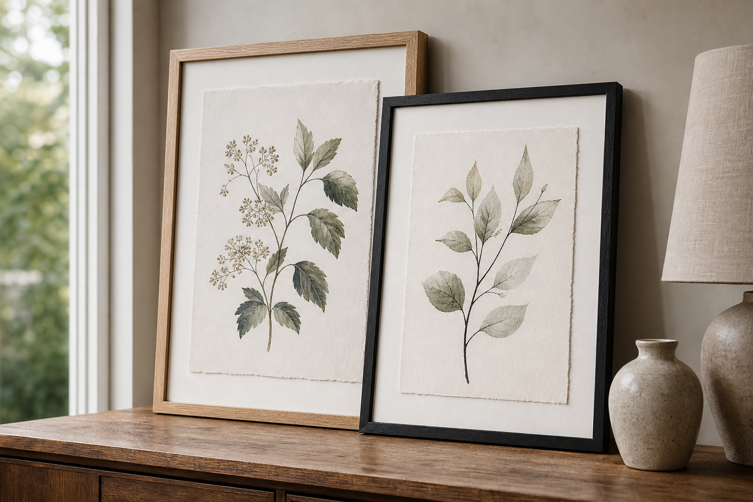 Close-up of oak and black frame finishes around floral wall art