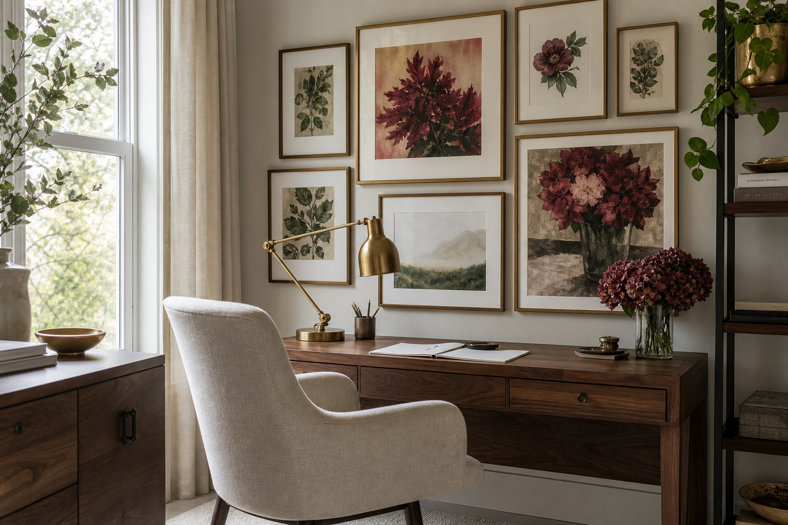 Gallery wall built around crimson botanical art in a home office