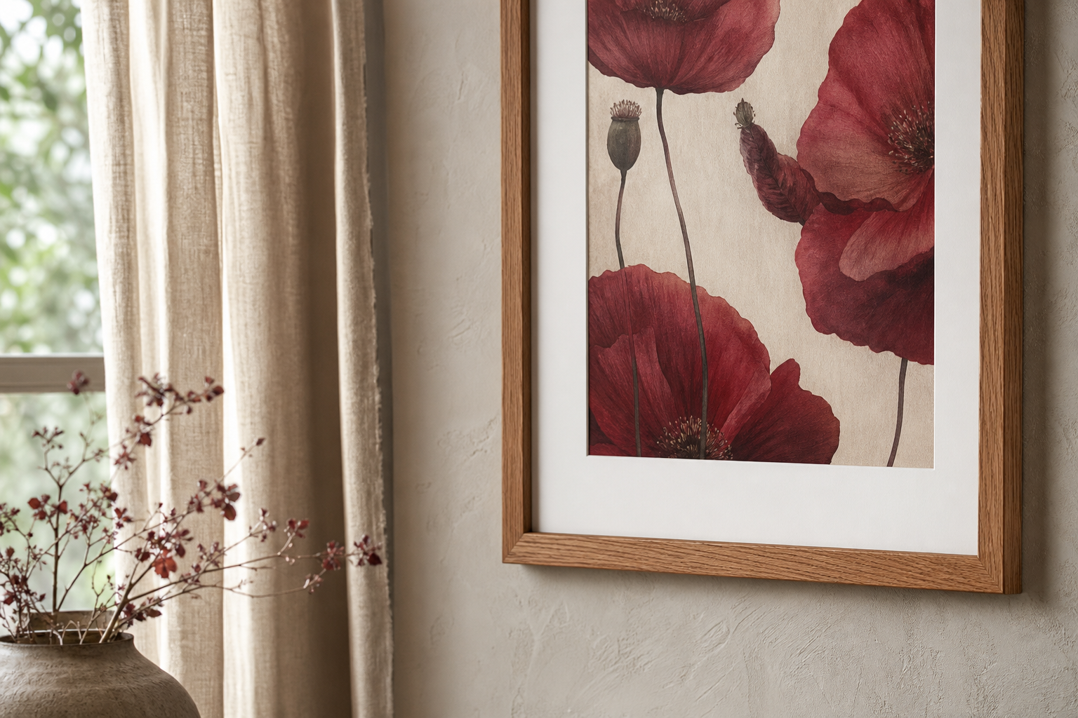 Close-up of oak frame and white mat around floral print