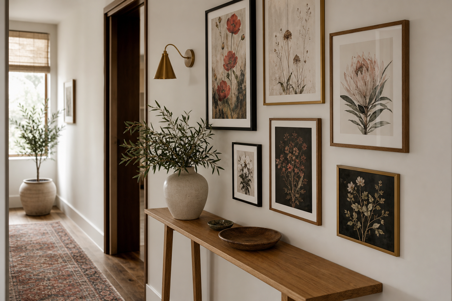 Hallway gallery wall with floral and botanical framed art