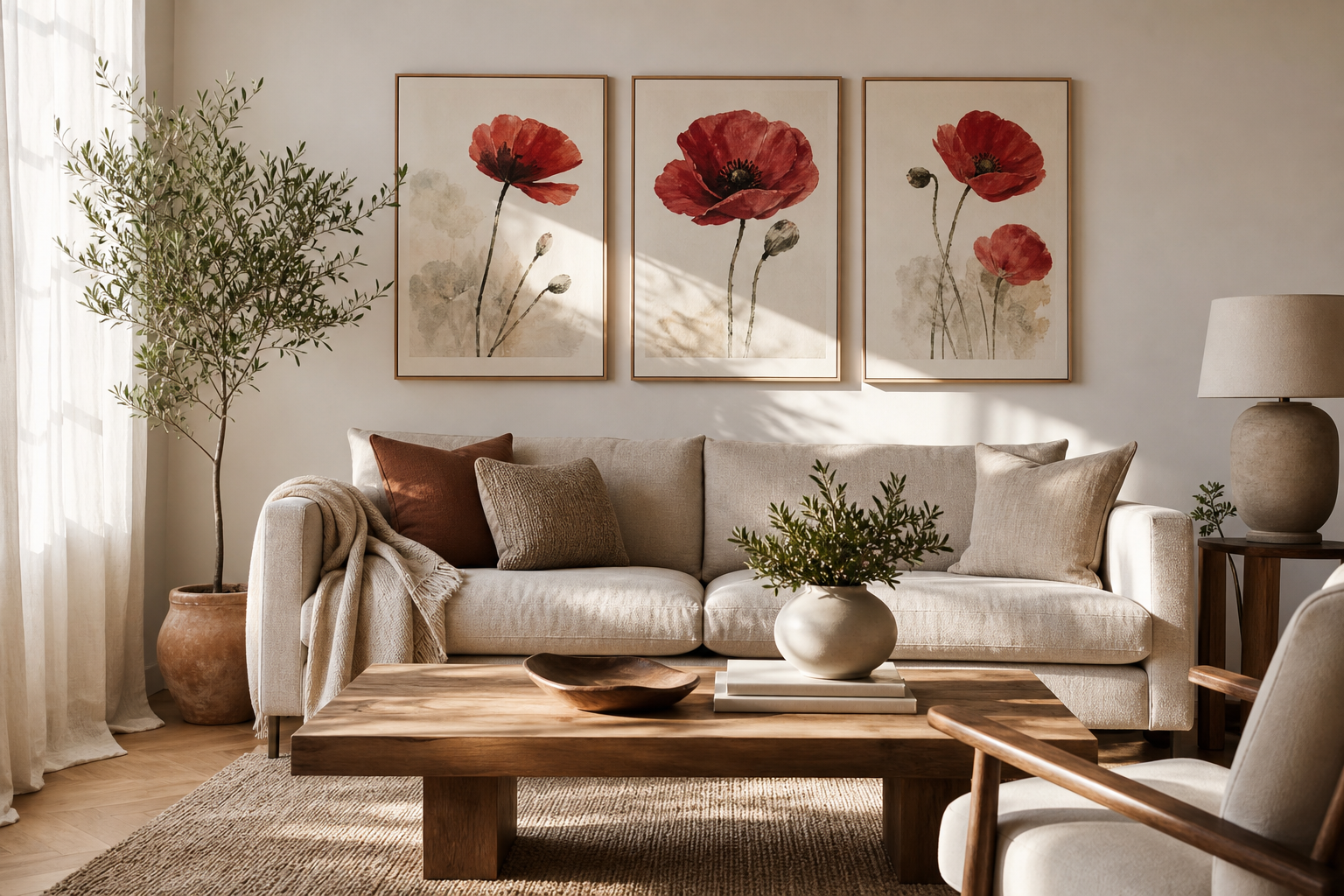 Neutral living room with crimson floral art over sofa