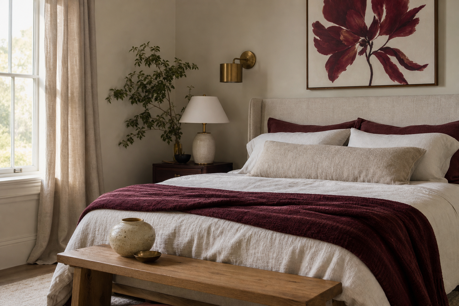 Romantic bedroom corner with floral framed art and layered textiles