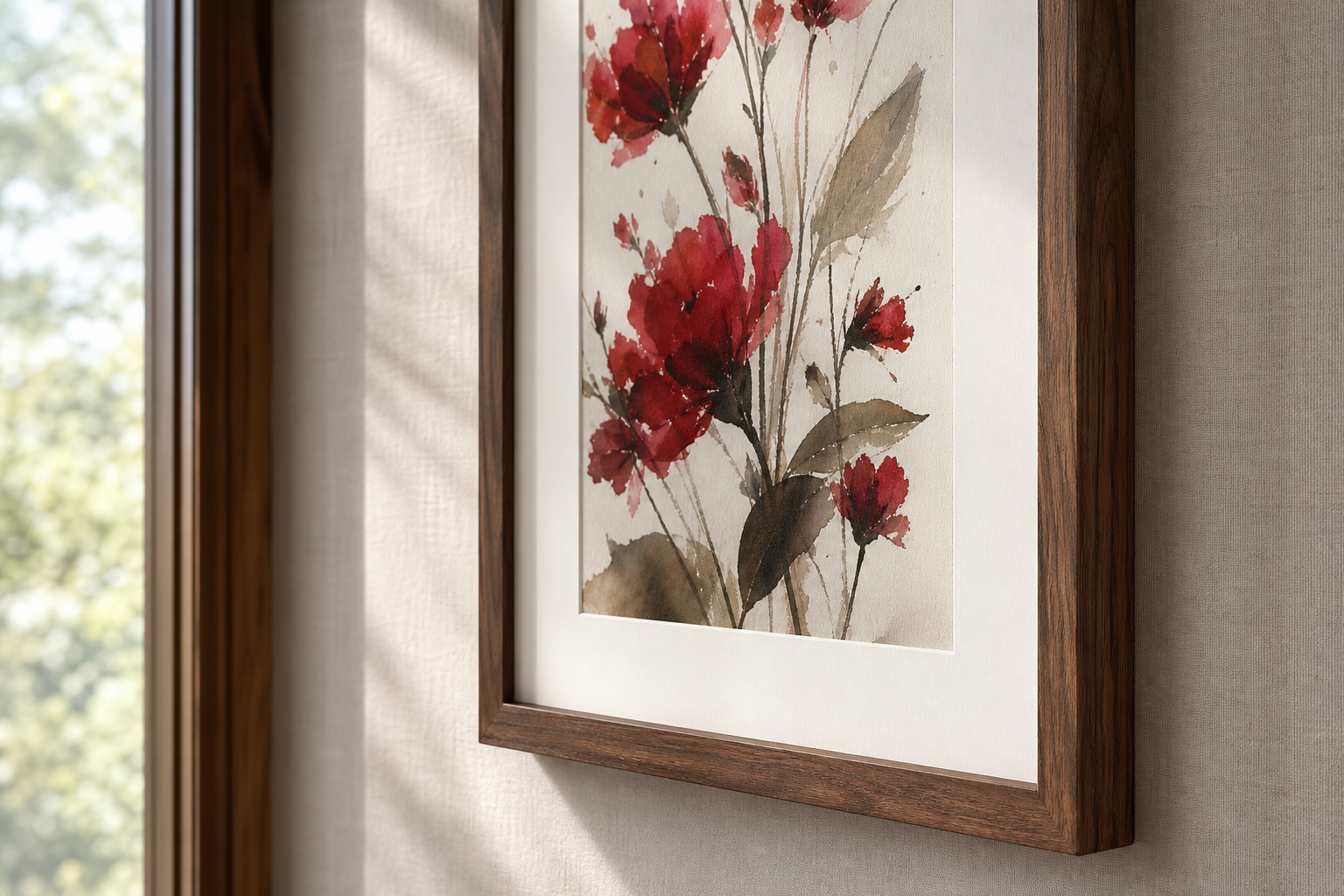 Close-up of dark floral art in walnut frame with mat