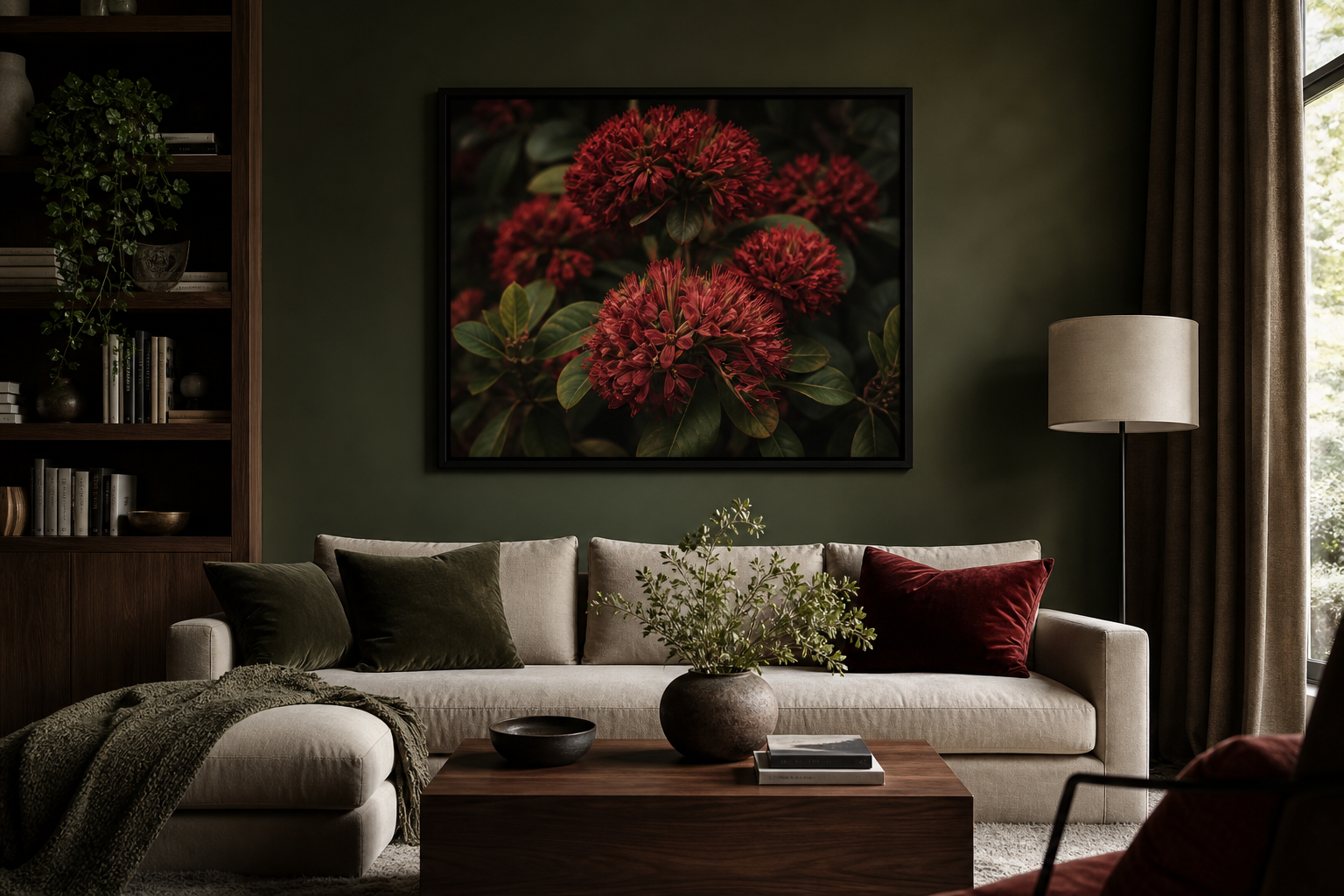 Dark living room with crimson floral art above a sofa
