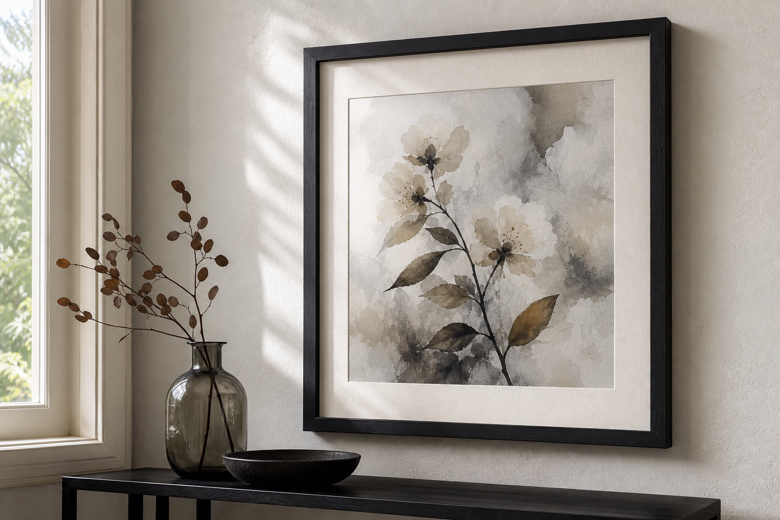 Close view of framed crimson floral print in a refined living room