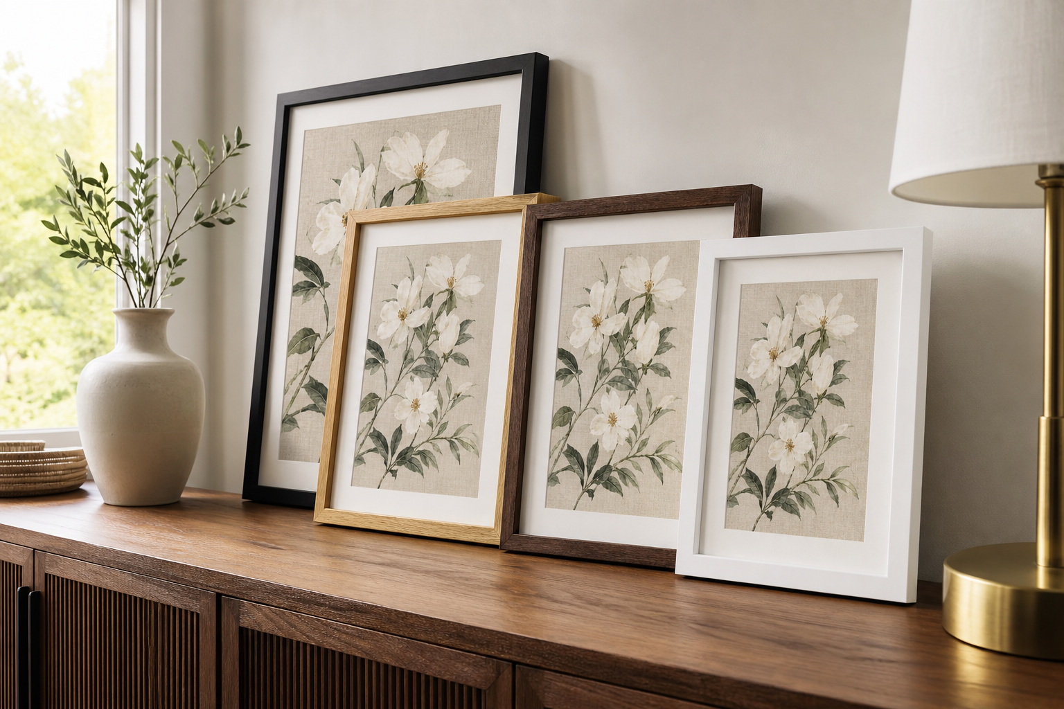 Different frame finishes around floral art on an interior wall