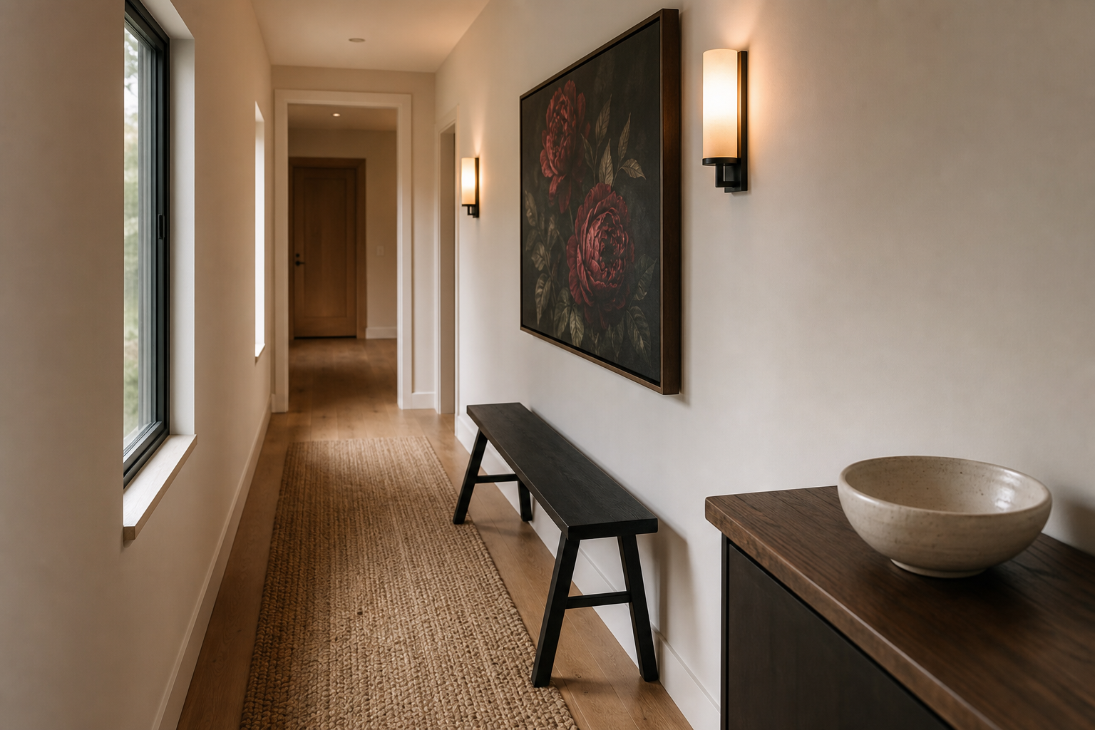 Crimson floral art in a hallway with warm lighting and wood accents
