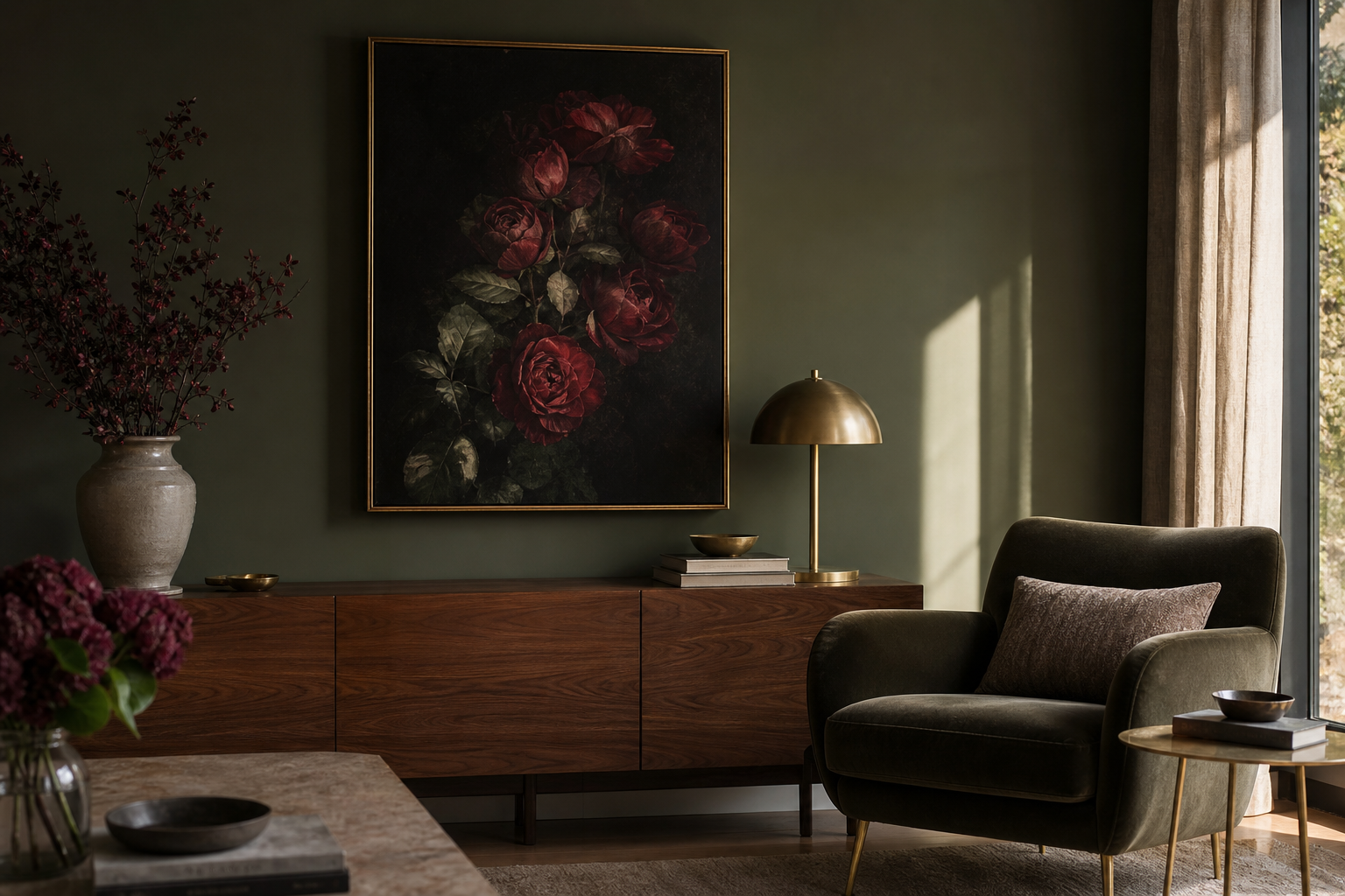 Moody living room styled with crimson floral art and layered textures