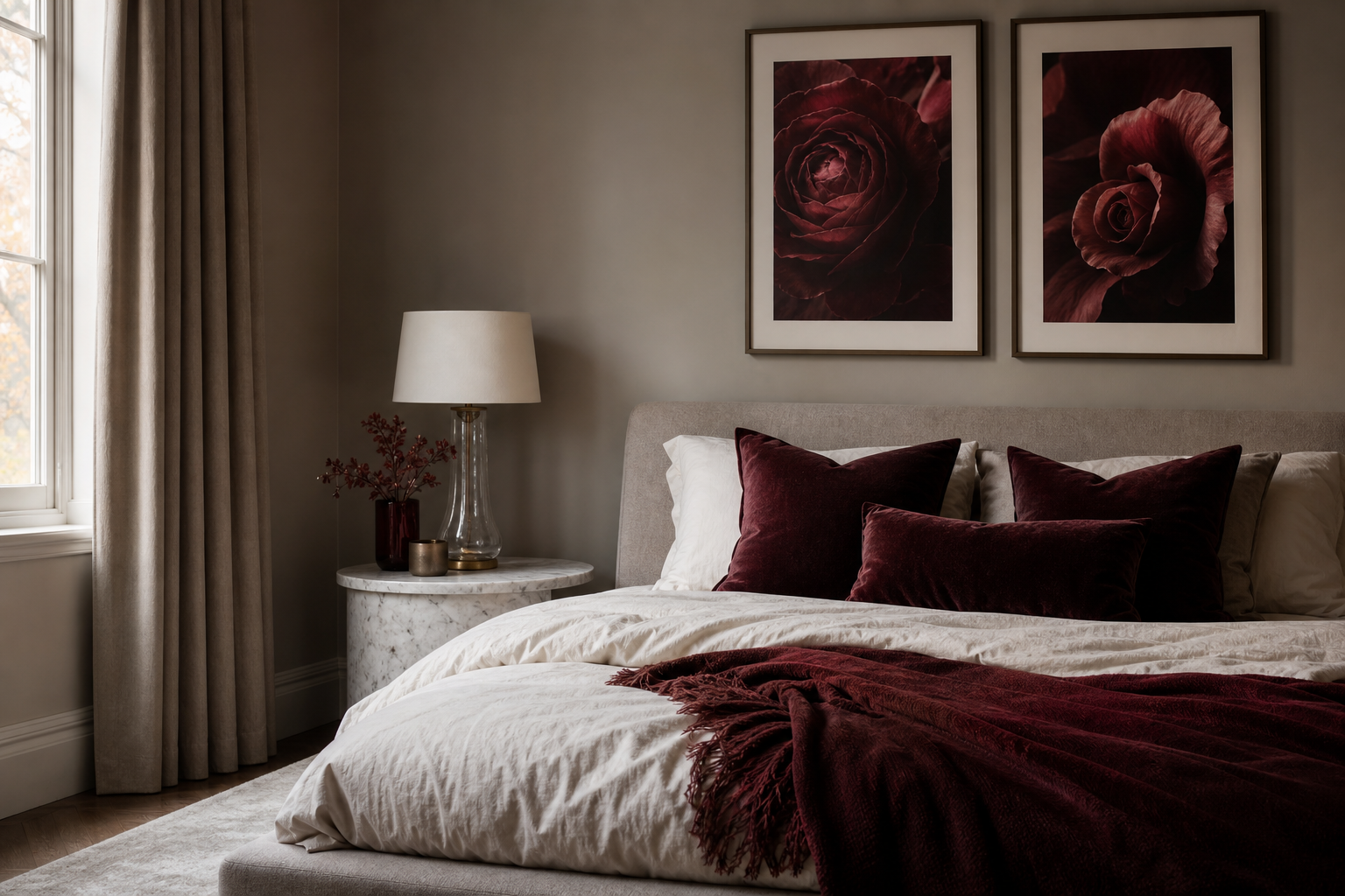 Romantic bedroom corner with floral wall art and warm lighting