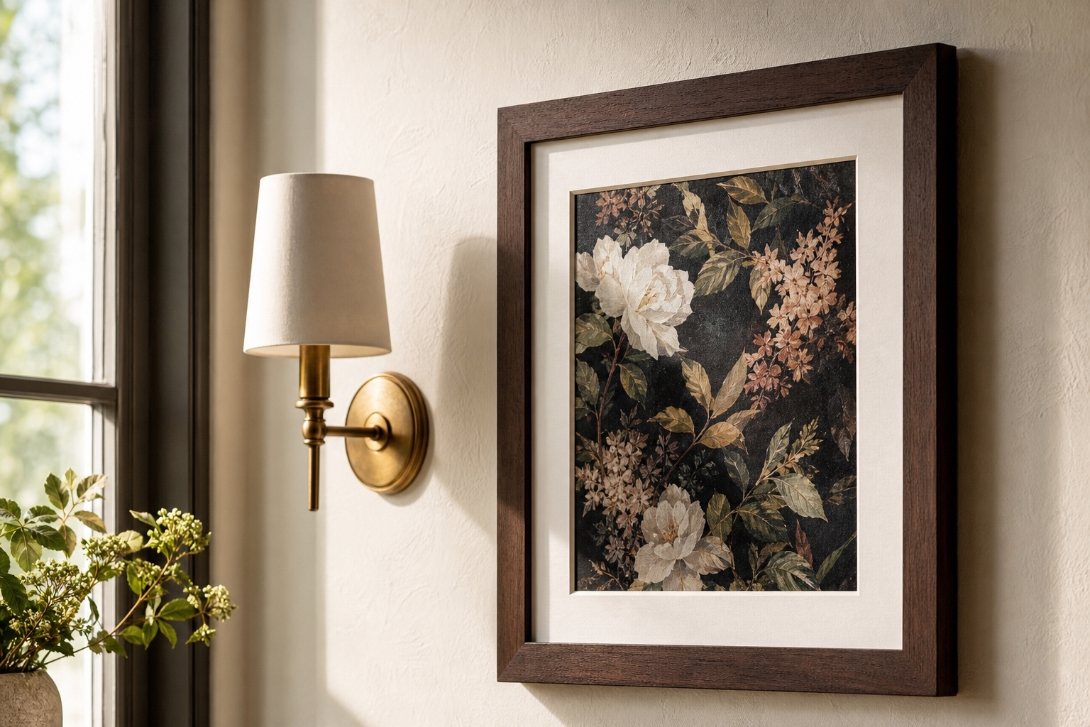 Close-up of dark wood frame with floral art on textured wall