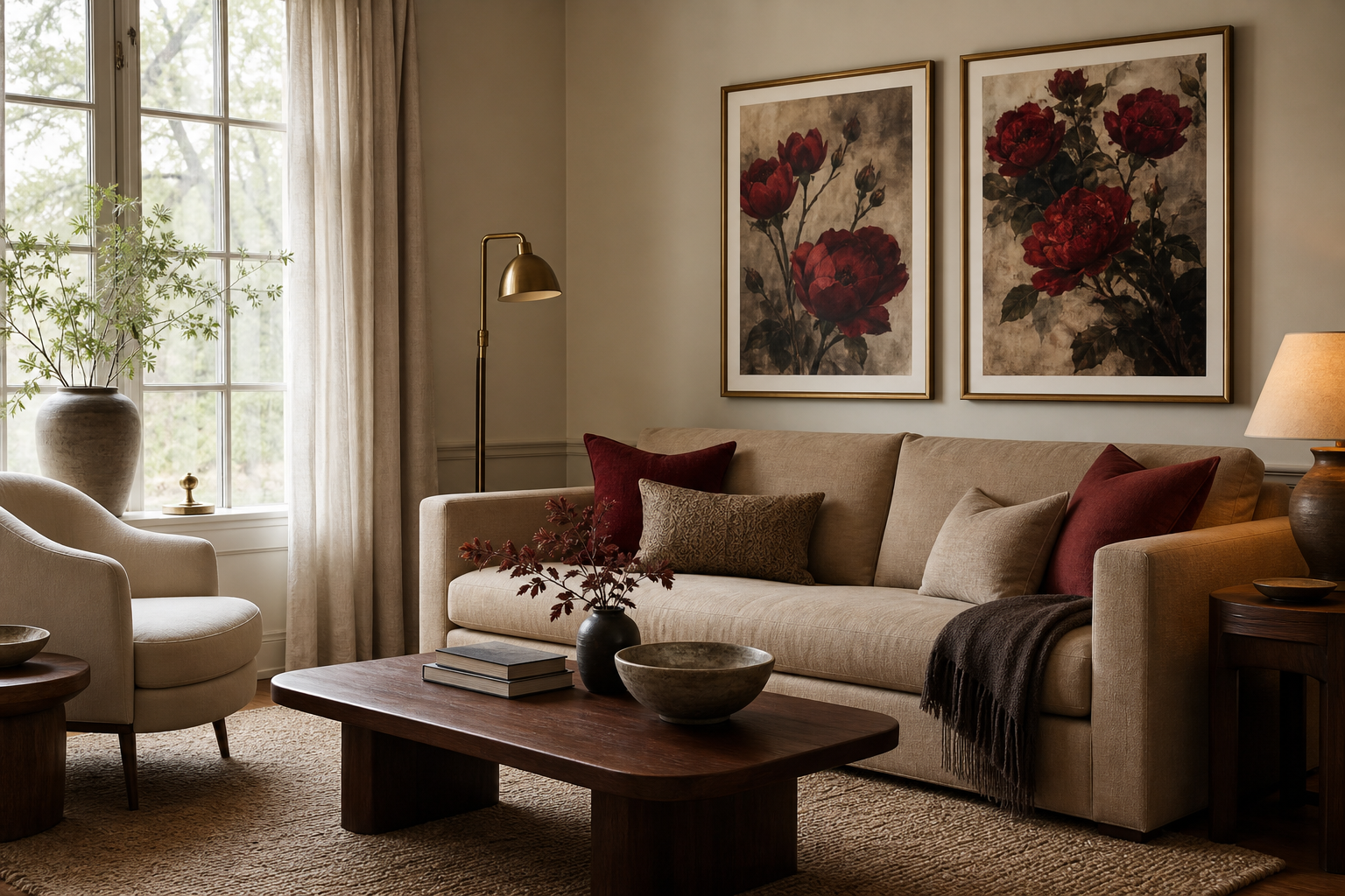 Living room with crimson floral wall art above sofa