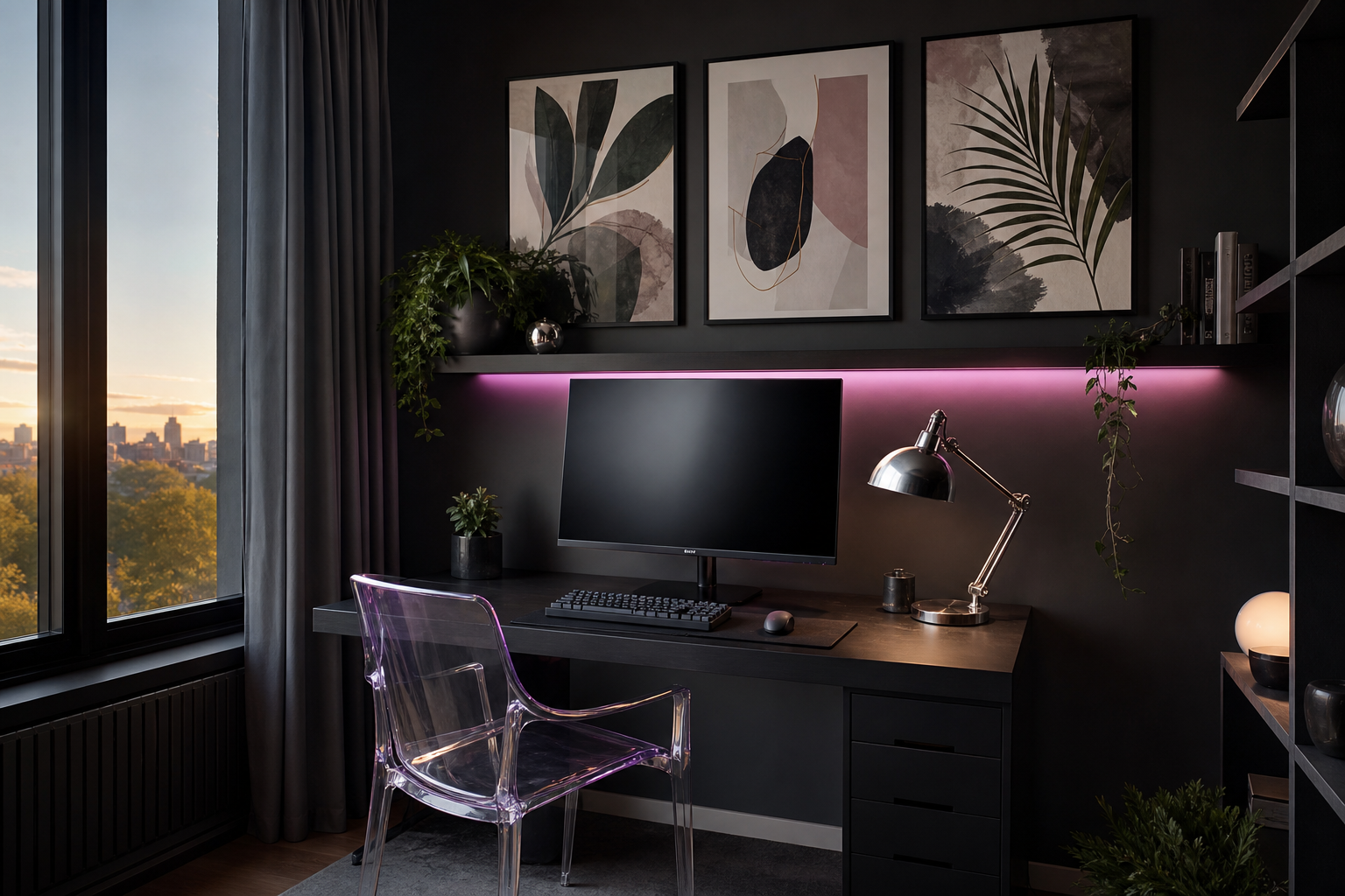 Desk setup with futuristic character art in a cyber doll style