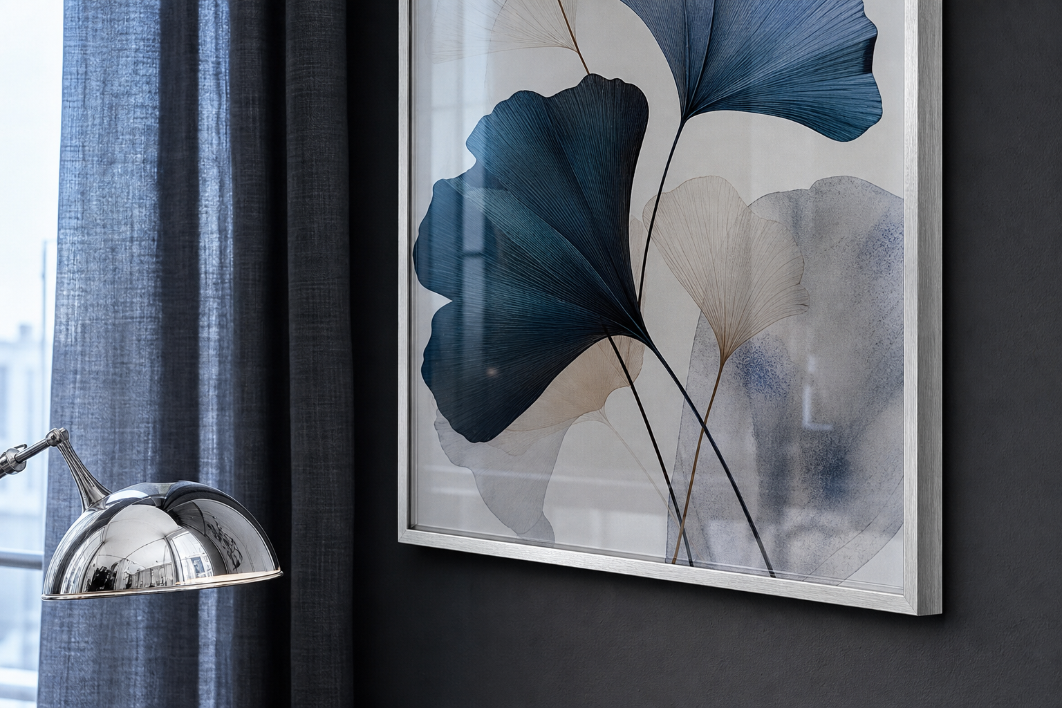 Close-up of sleek metallic frame around futuristic character wall art