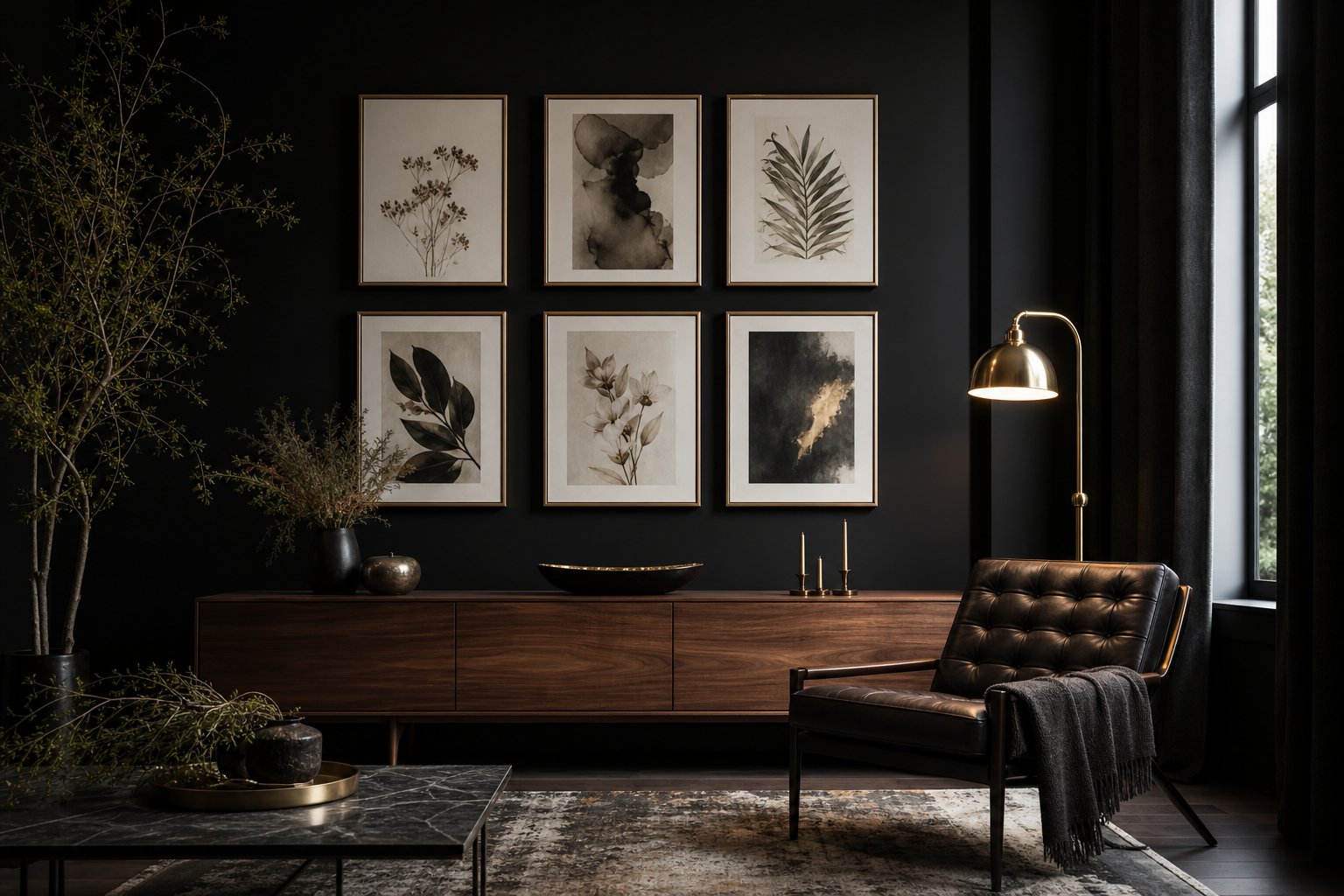 Dark gothic living room with fantasy wall arrangement