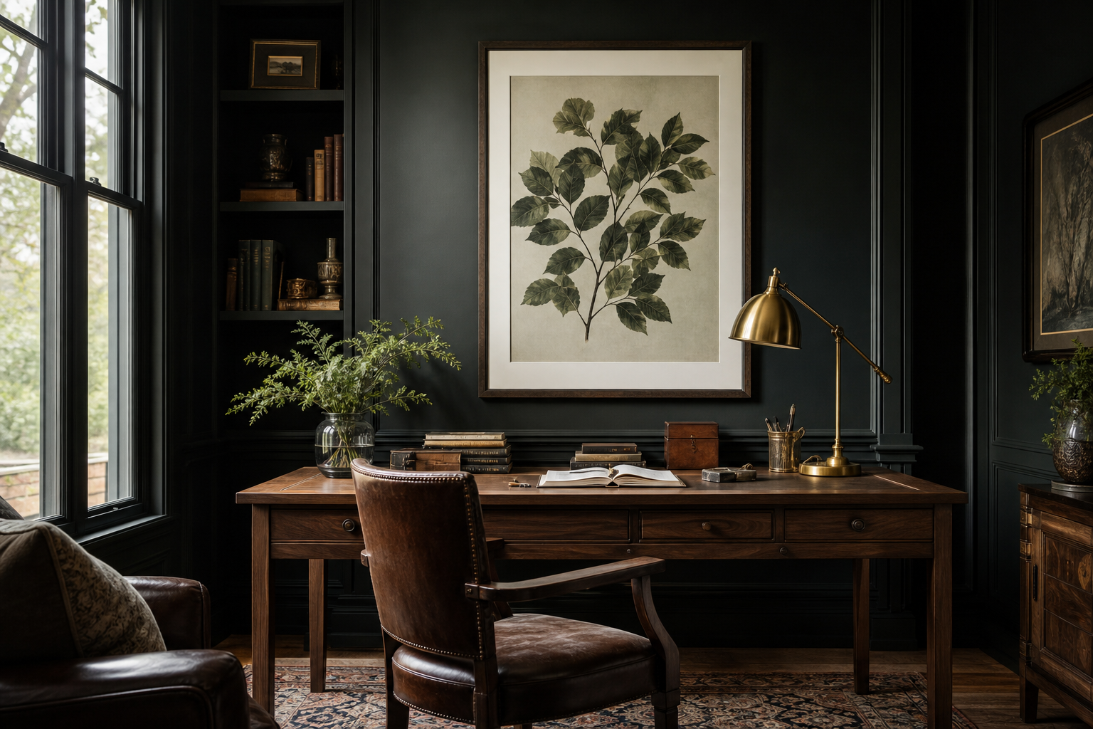 Dark study with regal fantasy art above desk